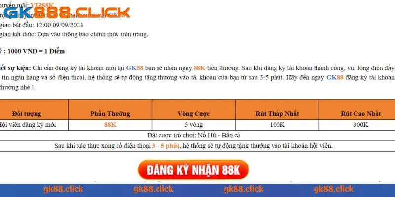 Quy định khi đăng ký tài khoản mới tặng 88k