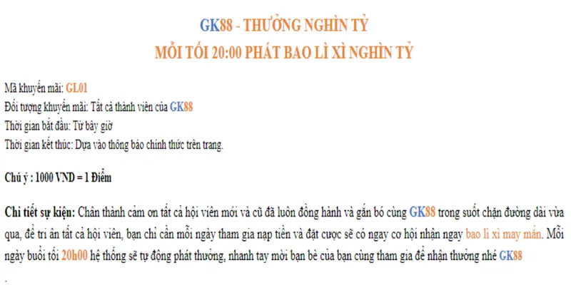 Thông tin chi tiết về ưu đãi GK88 lì xì giờ vàng 20h 